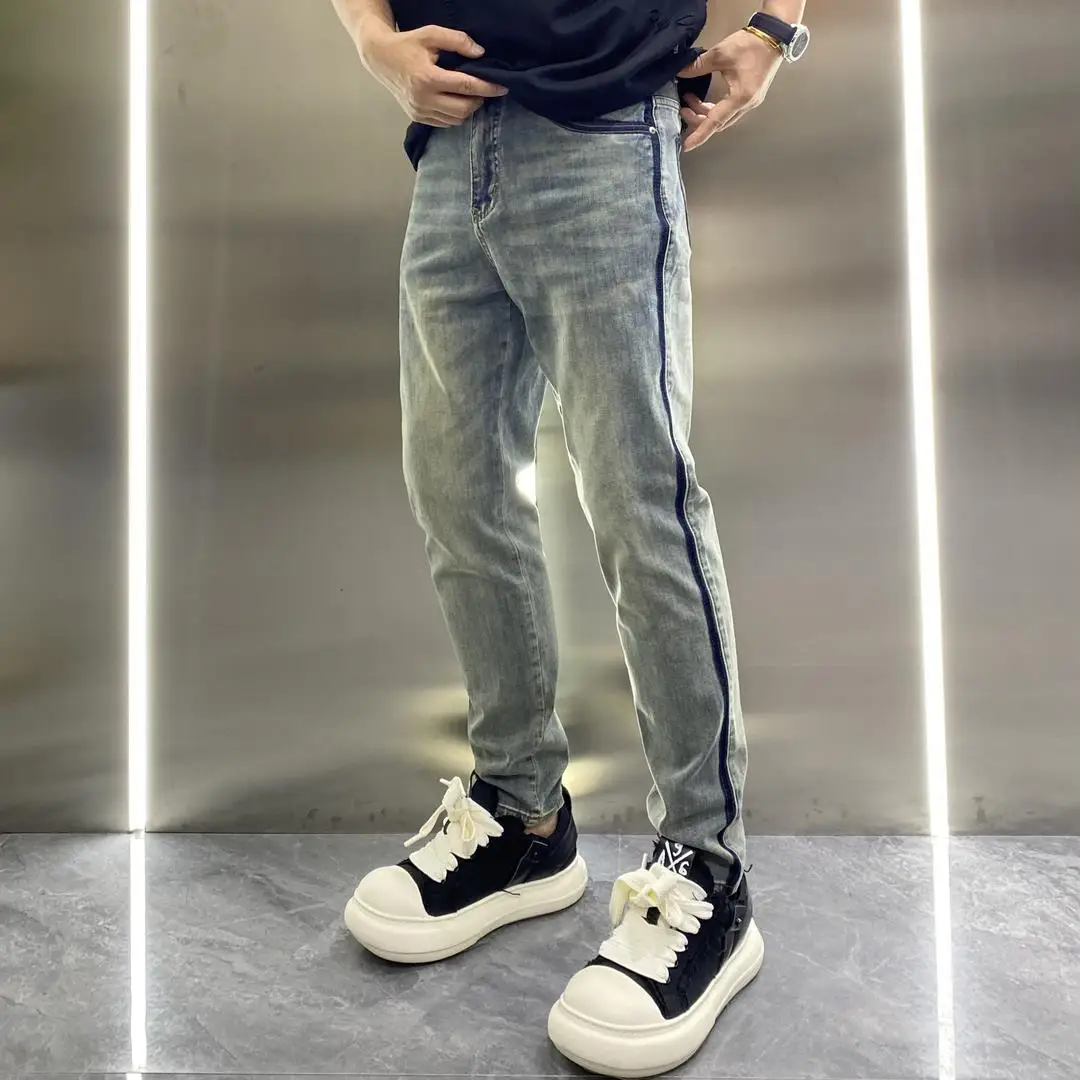 

Винтажные мужские джинсы в полоску, прямого кроя, повседневные, городские, модные, со средней посадкой, длинные брюки, антимикробные, класса люкс