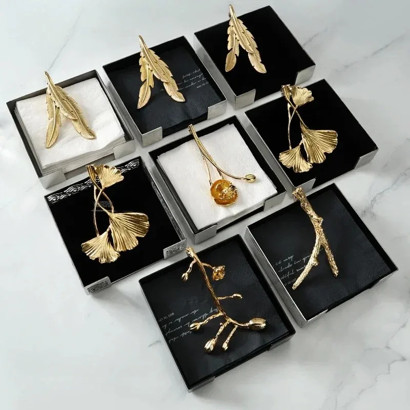 

Ins European Stainless Steel Tissue Box Brass Ginkgo Leaf Decor Hotel Table Napkin Holder Afternoon Desktop Tissue Organizer