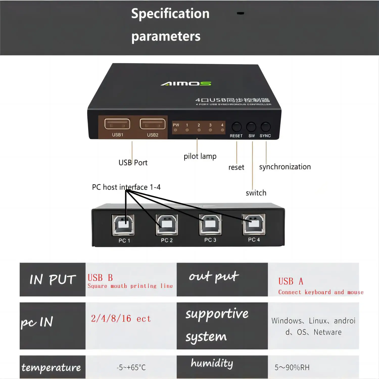 Imagem -02 - Aimos-usb Sincronizador com Portas Teclado de Liga de Alumínio e Mouse Controlador Síncrono Kvm Switcher Ampla Compatibilidade Am-km402