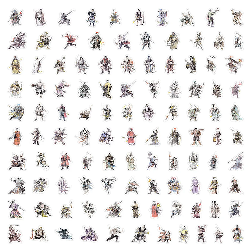 108 Pcs Water Margin Ink Wash Figure Stickers, Chinese Classic Novel Characters, DIY Decor Stickers for Journals, Laptops
