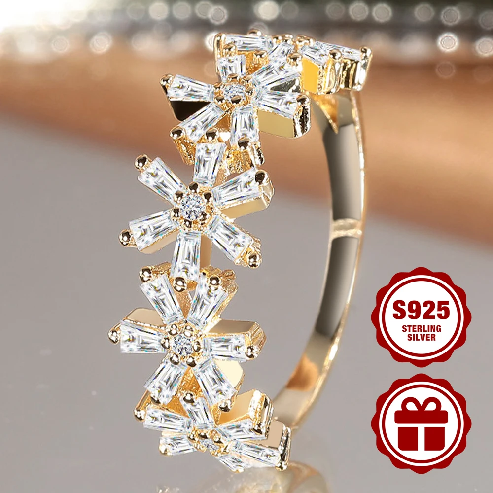 

925 Sterling Silver Ladies Ring light luxury flower design with princess square 5A zirconia for daily wear engagement party