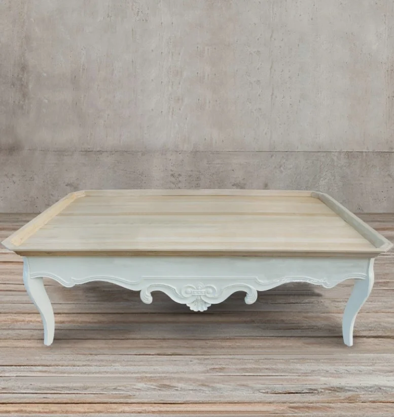 

French antique classic accent solid oak retro gray coffee table living room furniture square coffee table