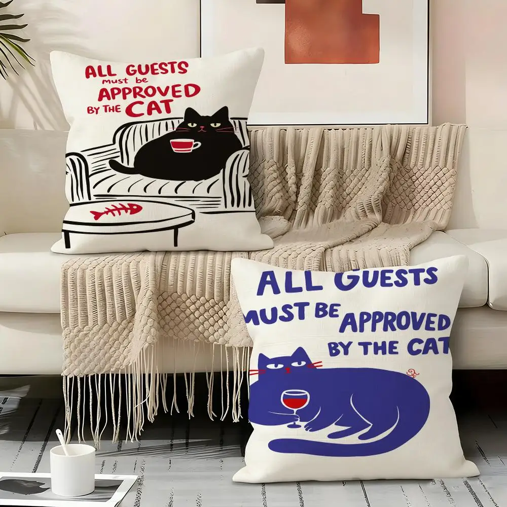Funny Cat Guest Approval Cushion Cover Natural Linen Organic Fabric Double-Sided Printing Sofa Home Decor Gift Pillow Cover