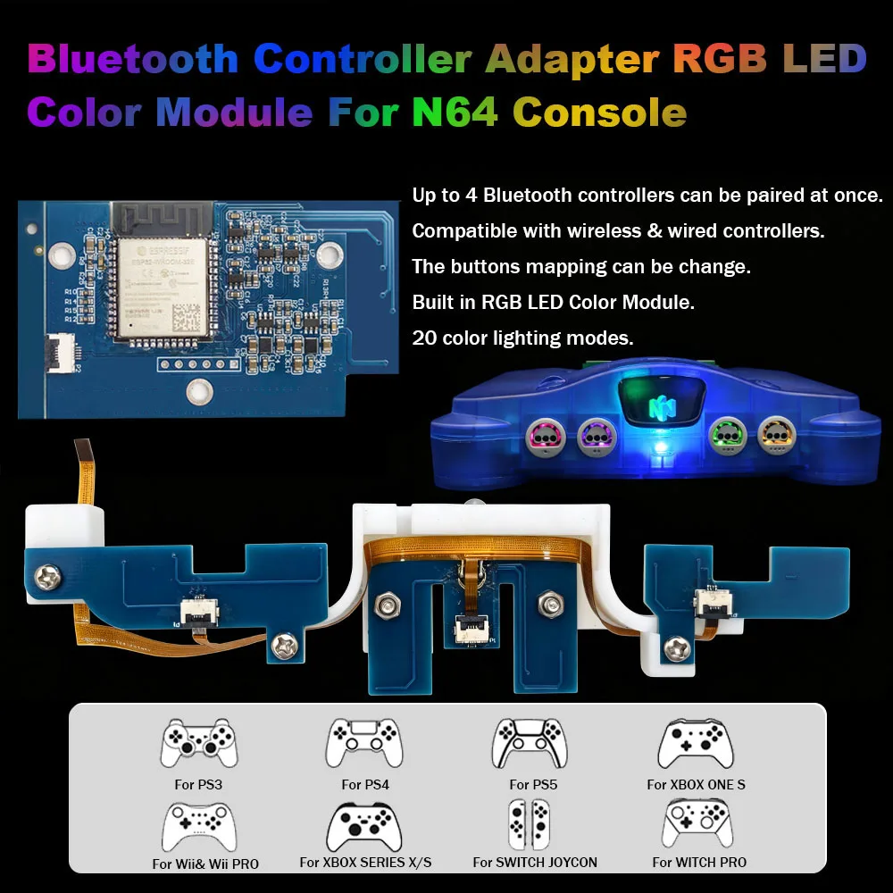 module-led-rgb-hispeedido-pour-console-n64-module-de-modification-avec-adaptateur-interne-pour-manette-sans-fil-ibluecontrolmod