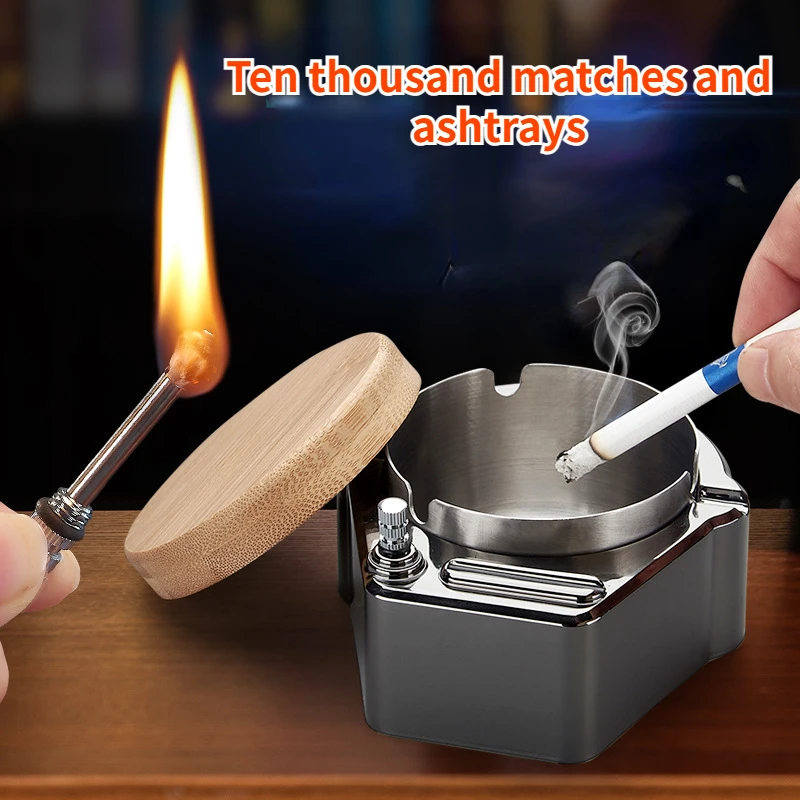 Creative and personalized ashtray Lighter equipped Metal Thickened stainless steel ashtray Ten thousand matches Cigarette tools