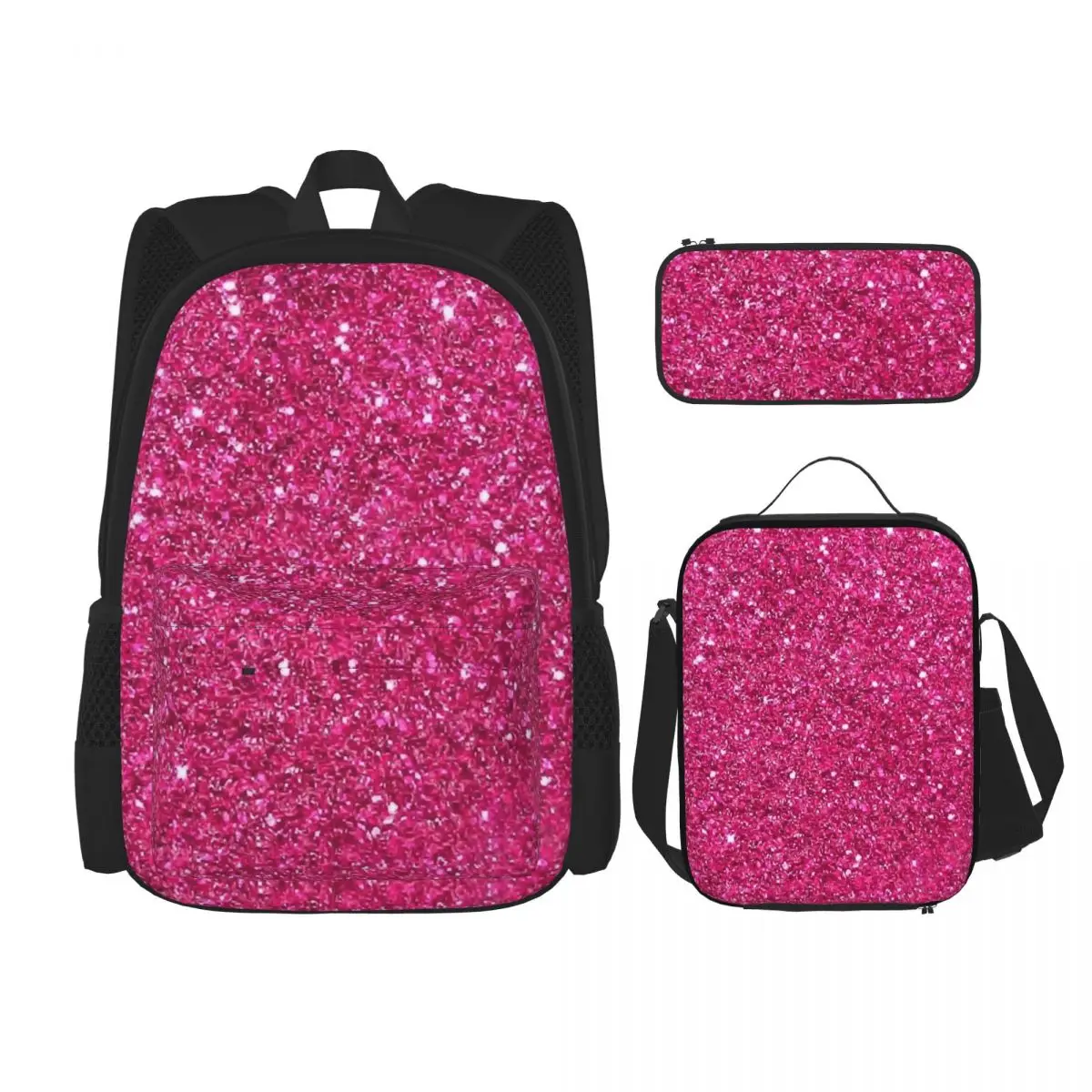 Bubblegum Pink Glitter Backpacks Boys Girls Bookbag School Bags Rucksack Lunch Bag Pen Bag Three-Piece Set