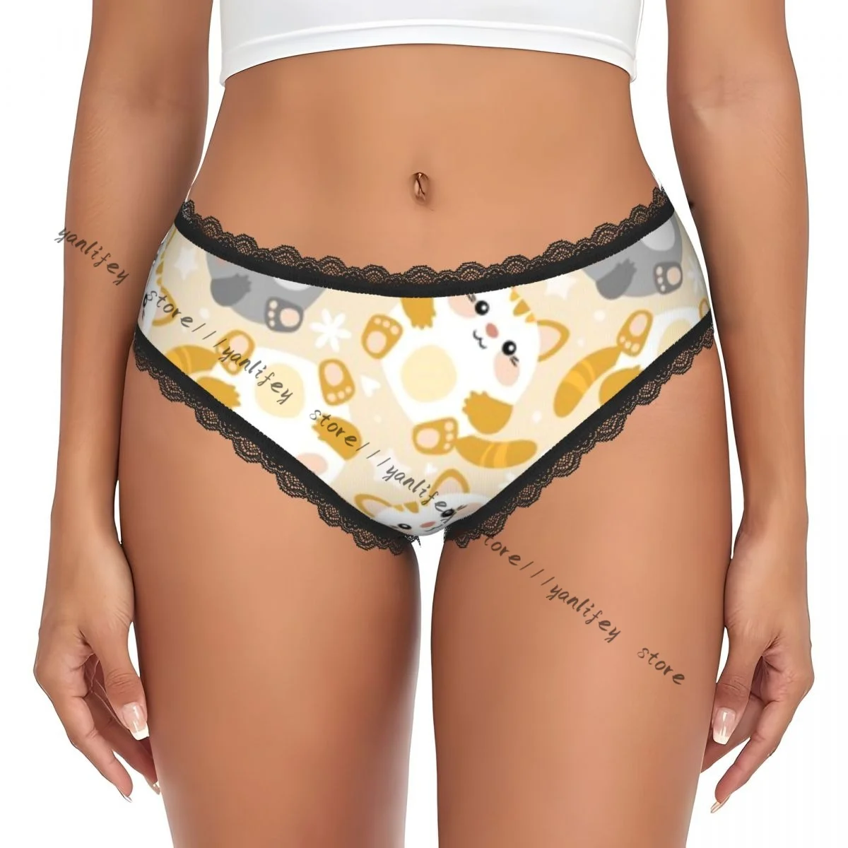 Women Lace Triangle Underwear Cute Cats And Mice Daily Panties