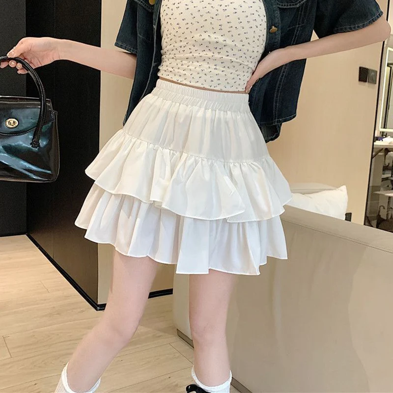 

2026 Summer Lady Fashion Sweet Thin Cake Skirts Girls Korean Solid Short Dress Female High Waist Ruched Designer Skirts