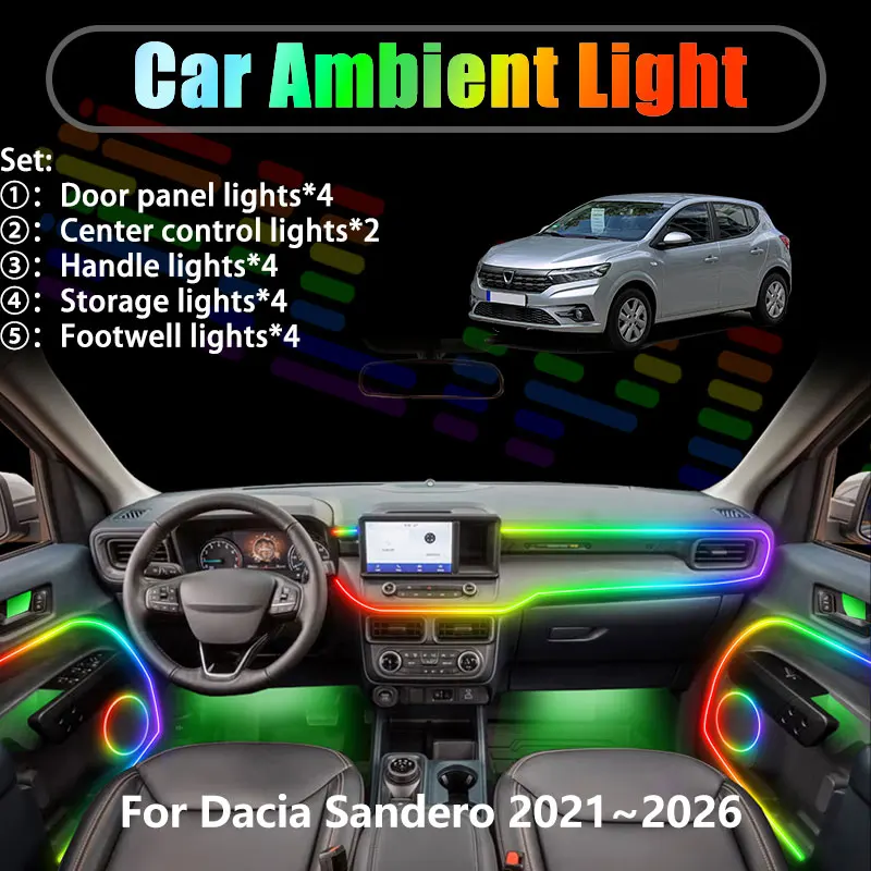 

For Dacia Sandero 2021~2026 BJI MK3 2/18 in 1 Car ambient lighting Led trunk interior led lights USB RGB Ensemble Streamer Parts