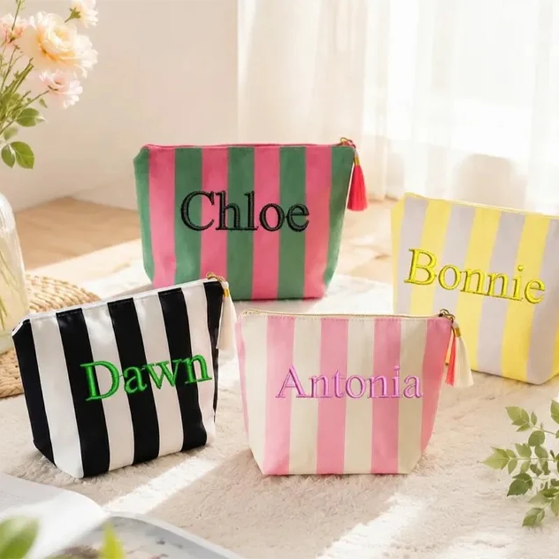 Personalized Stripe Cosmetic Bag Custom Name Embroidered Makeup Pouch Portable Travel Toiletry Bag Gift For Women Bridesmaid