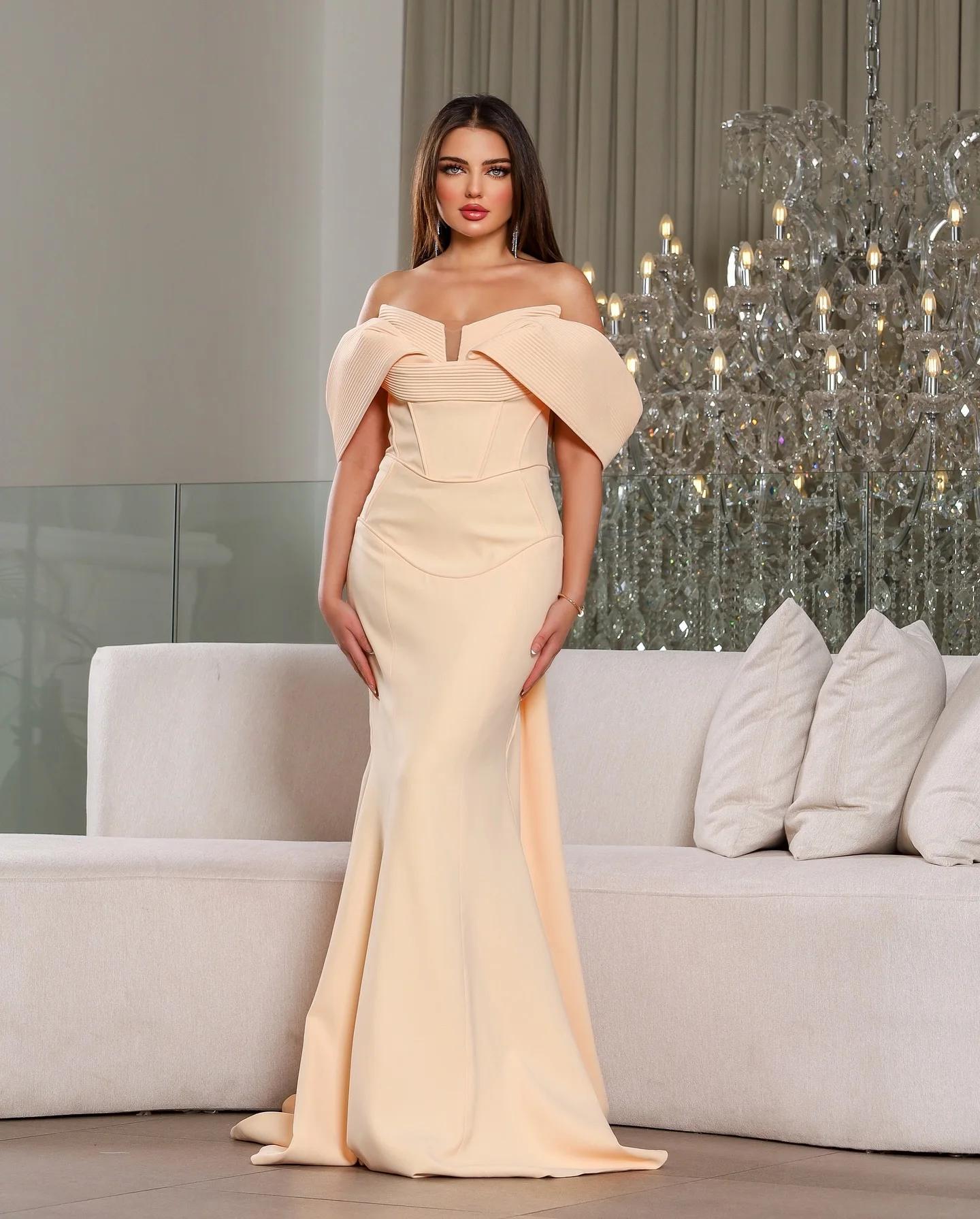 

Customized Modern Jersey Mermaid Off the Shoulder Evening Dresses Sexy Sleeveless Prom Dress Custom Size Special Occas