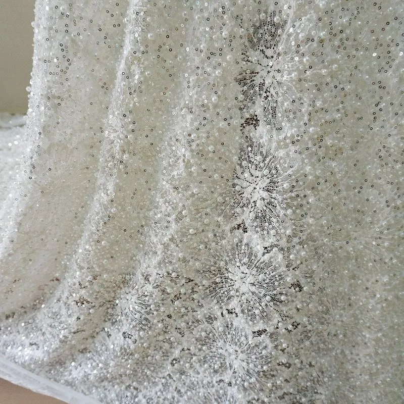 Bestickter Spitzenstoff für Hochzeitskleid, 3D-Blumen, Perlenpailletten, Perlenschlauch, Senior Shining Bride Stoff, RS4076 – Detail 7
