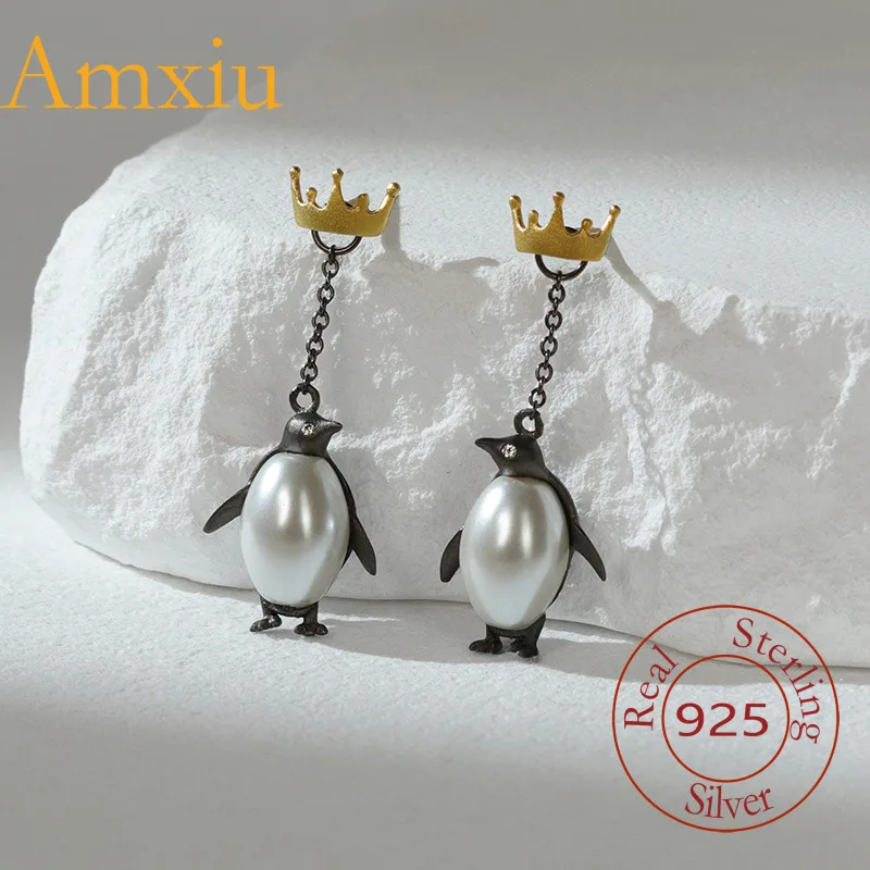 Amxiu Sterling Silver 925 Original Polar Night Light Emperor Penguin Imitation Pearl Earrings Fun Cute Niche Design Sense