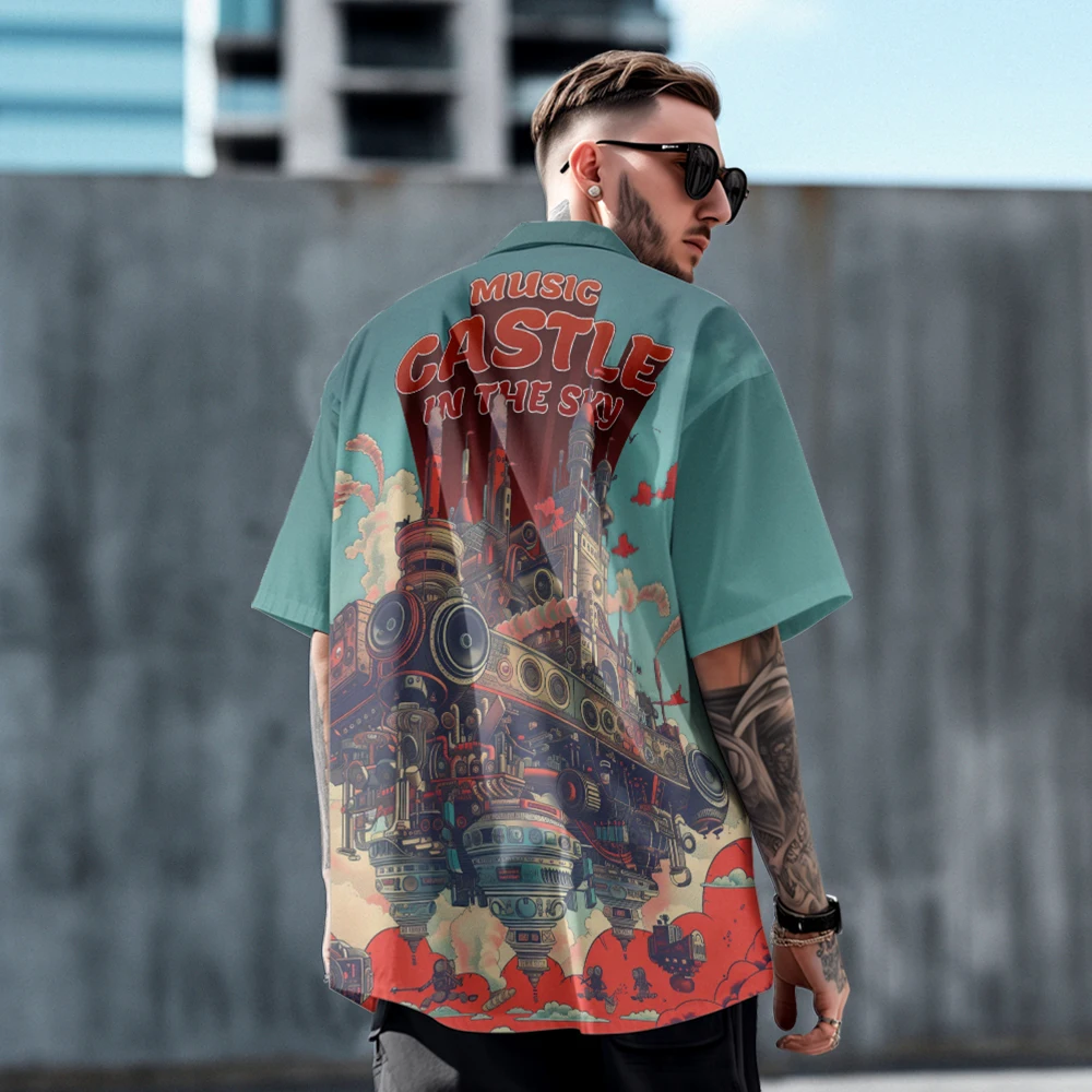 Casual cool fashion creative pattern design men's short-sleeved shirt summer loose large size features thin lapel T-shirt top