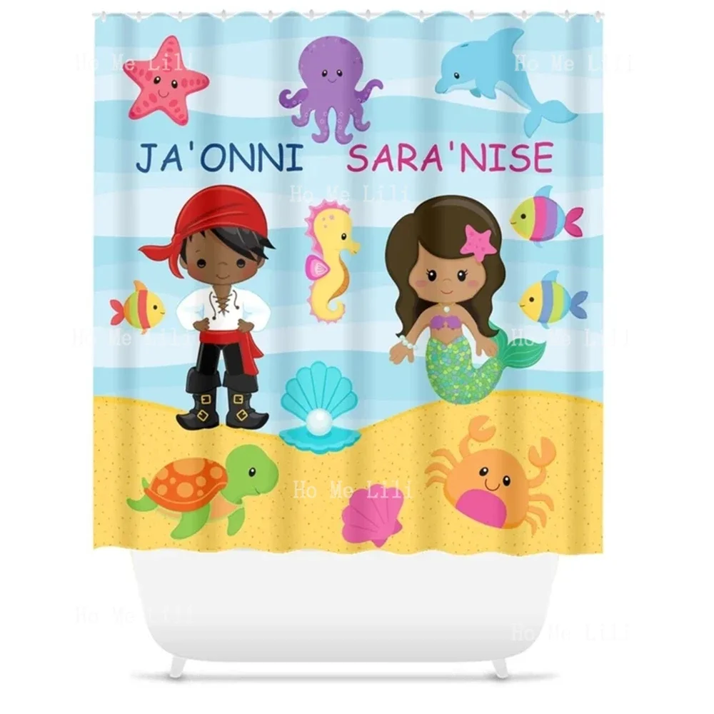 Mermaid Sea Animal Siblings Shower Bathroom Decorated Turtle Starfish Octopus Crab Fish Shower Curtain