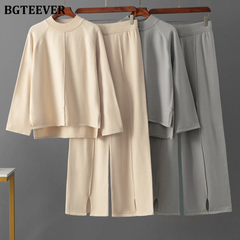 BGTEEVER Stylish Warm Ladies 2 Pieces Knitted Set Long Sleeve Side Split Sweaters Jumpers & High Waist Wide Leg Trousers