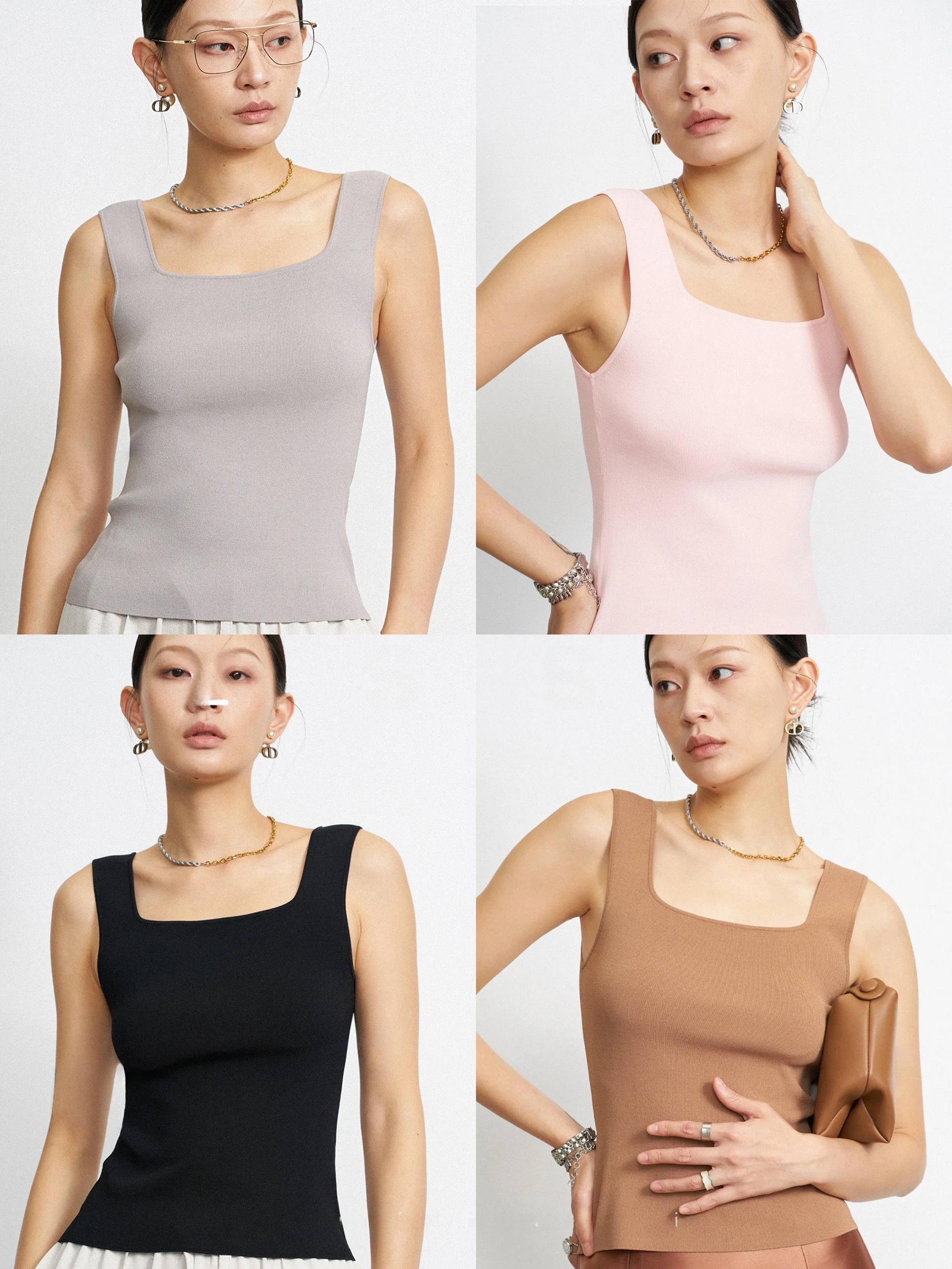 

life Little Square Sugar Series Knitted Slim Fit Vest Svel Square Collar Inner Wear Base irt Commute Sle Pure Color