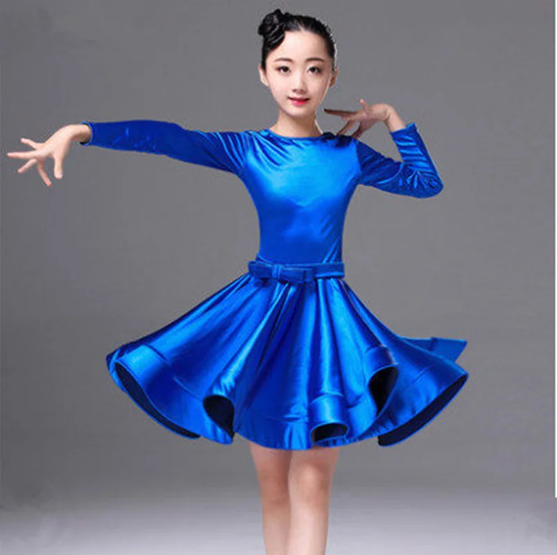 Shiny Girls Kids Junior Club Latin Dresses Turtle Neck Long/short Sleeve Modern Ballroom Latino Dresses for Dancing