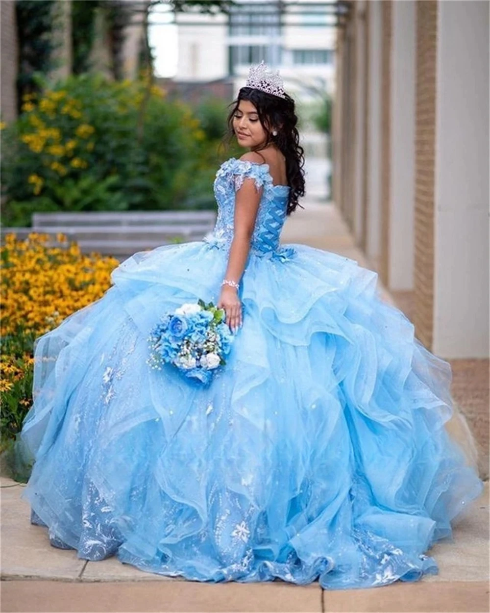 Sky Blue Quinceanera Dresses Ball Gown Off The Shoulder Tulle Lace Puffy Sweet 16 Dresses 15 Años Mexican