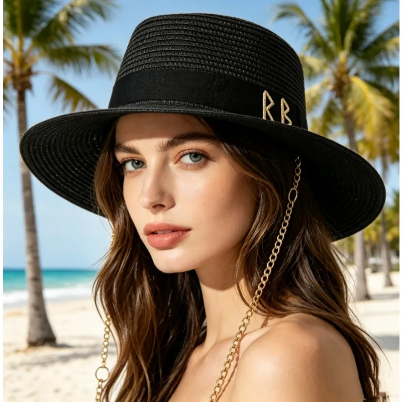 

Hot Sale Cross Border Chain Straw Hat for Women, High Quality Ribbon Letter Design Dent Crown Fedora Beach Sun Cap