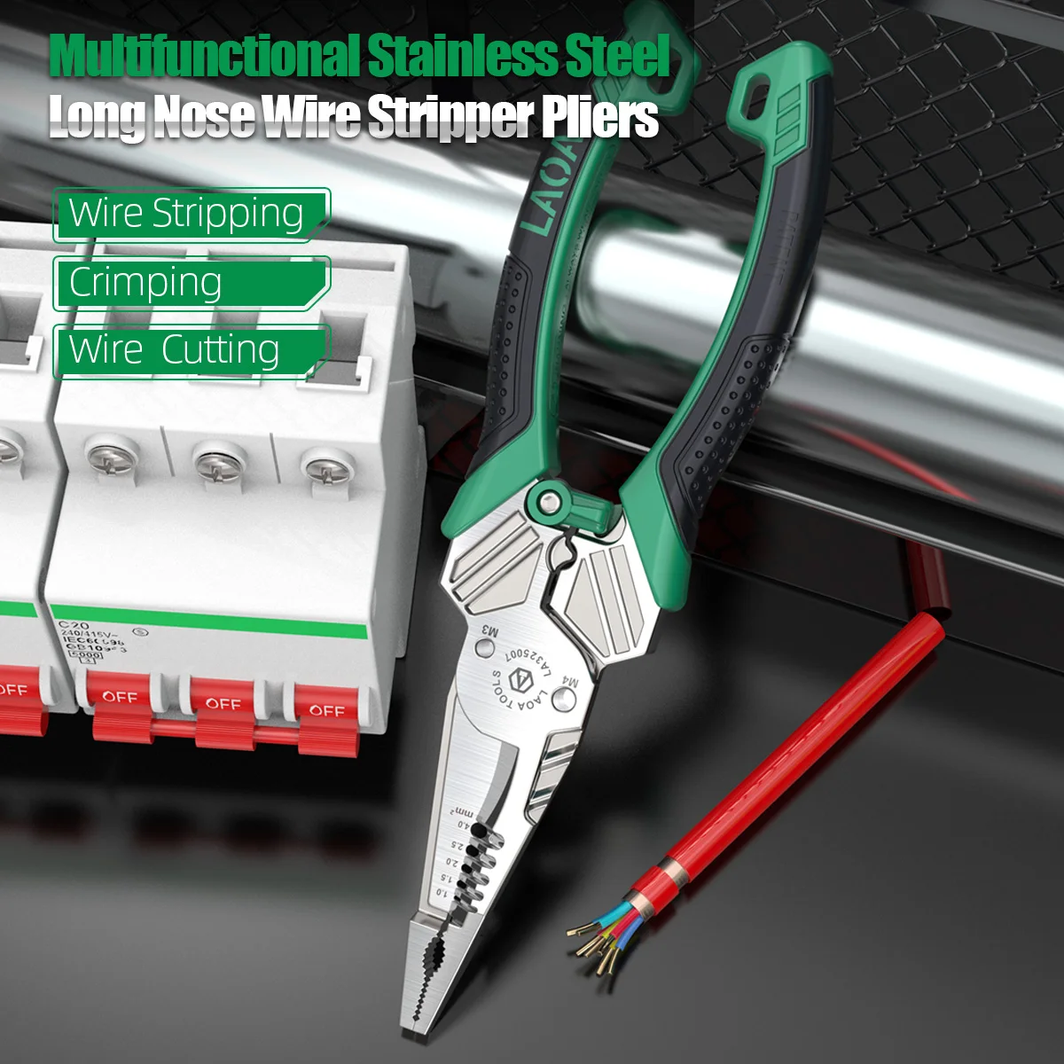 

LAOA Multifunctional Wire Stripper Pliers – 1.0-4.0mm² Stripping, Cutting, Crimping, Screw Cutting & Driving, 7" TPR Handle