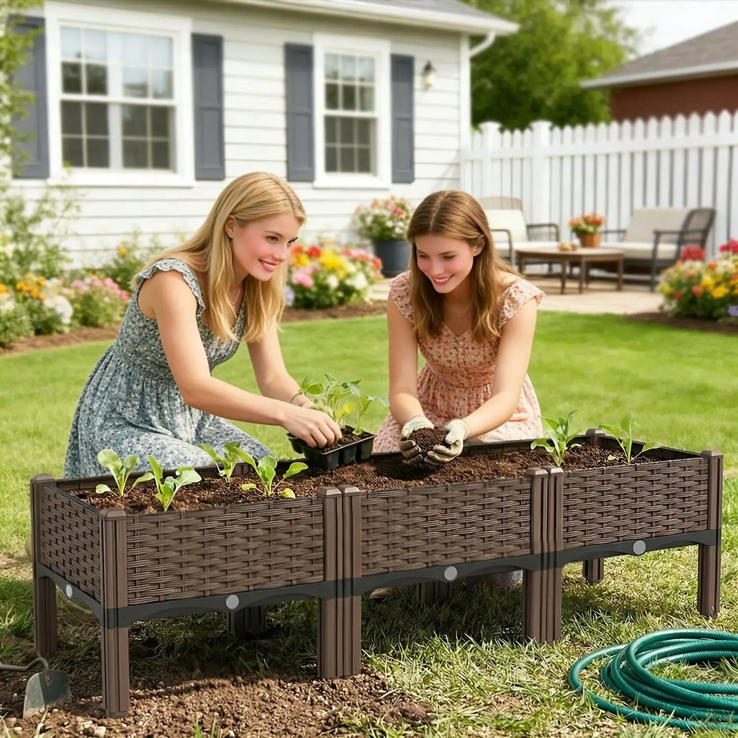 4-In-1 Raised Garden Bed With Legs, Classic Woven Black Plastic Planter Box, Ideal For Outdoor Use-Perfect For Growing Flowers, Vegetables And Herbs | Lightweight And Durable, Multi-Component Designed Raised Garden Bed (HK)