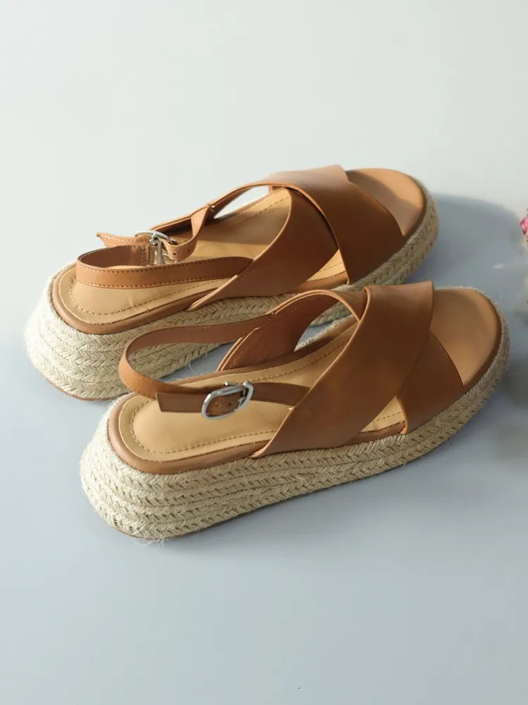 Elegant Women New Summer Comfortable Buckle Genuine Leather Sandals Grass Woven Base Height Increase Shoes Ladies Wedges Sandals