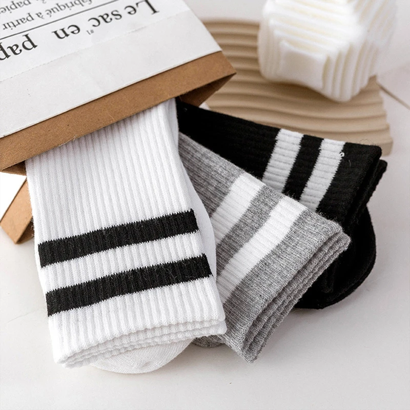6pcs-3pairs Men's Socks Spring Autumn Simple Casual Black White Striped Socks Breathable Mid Tube Sock High-Quality Round