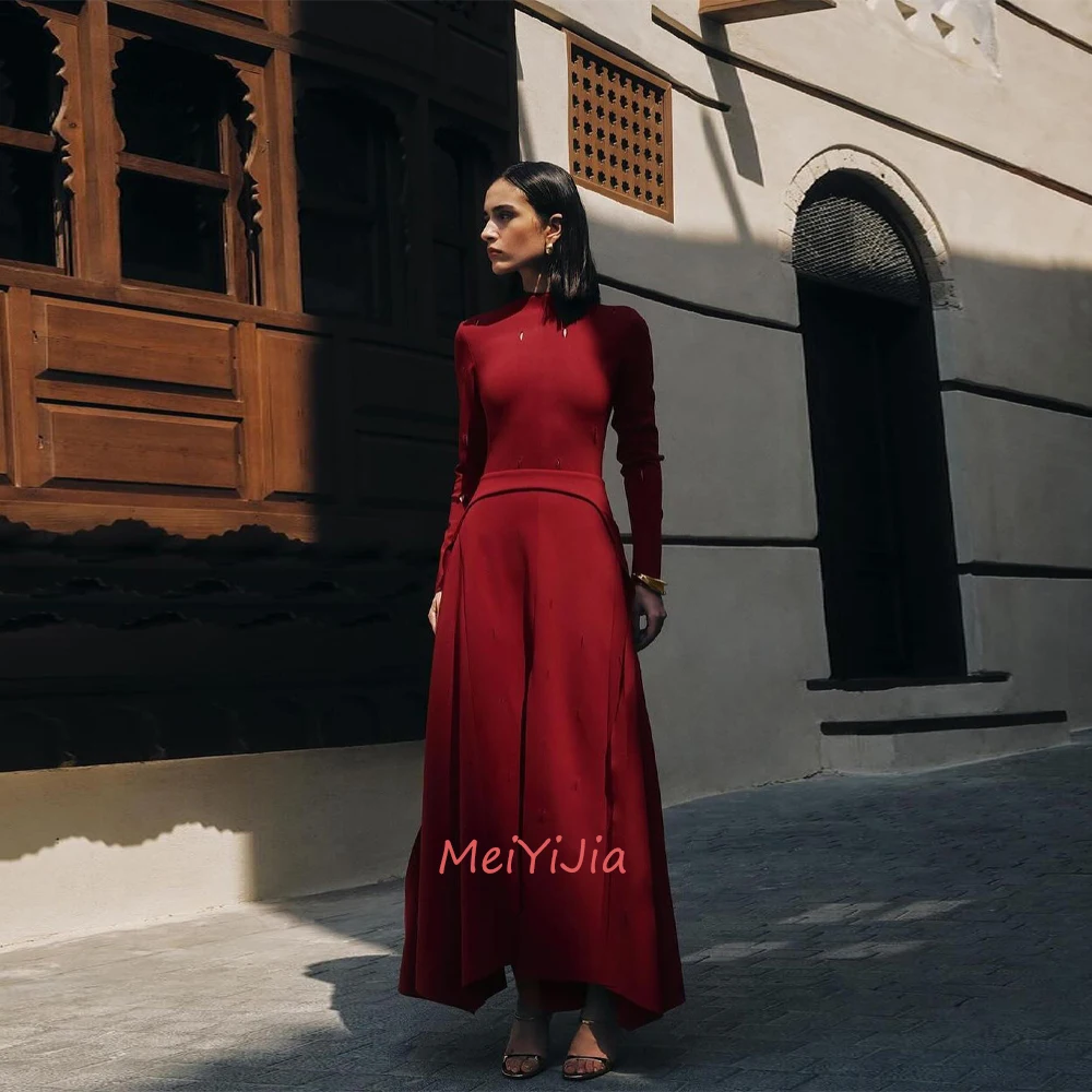 

MeiYiJia O-Neck Simple A-Line Ruffle Satin Long-Sleeves Ankle-Length Saudi Arabia Sexy Evening Birthday Club Outfits Summer 2024