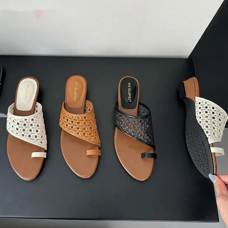 

Summer Beach Women Low Heel Slippers Shoes Luxury Female Slides Sandals Fashion Pointed Toe Ladies Heeled Slippers Flip flops