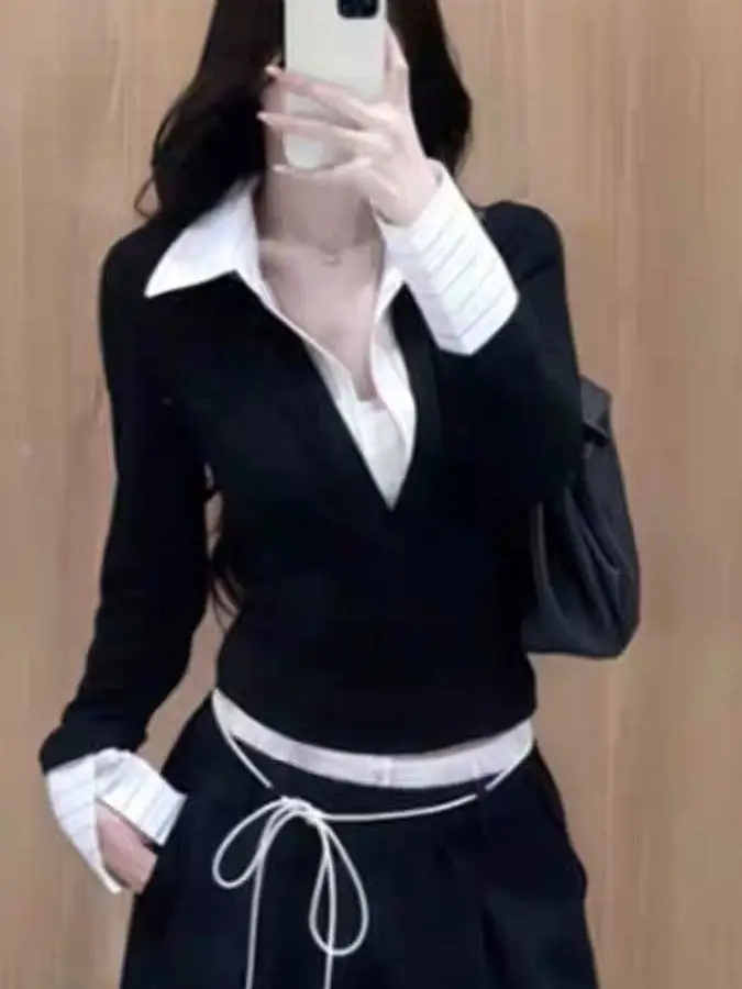 

Женская черная футболка с длинным рукавом Slim Fit, имитация двухслойности, с воротником, модный топ с эффектом утяжки на талии, повседневный стиль