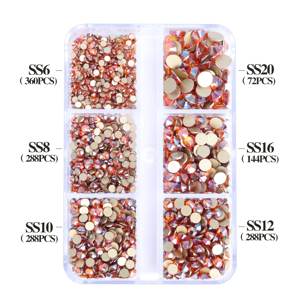 QIIY Boxed 6 Grids Glass Rhinestones AB Color Glitter Non Hotfix Glue-On Stones for DIY Craft Clothes Nail Art Decoration