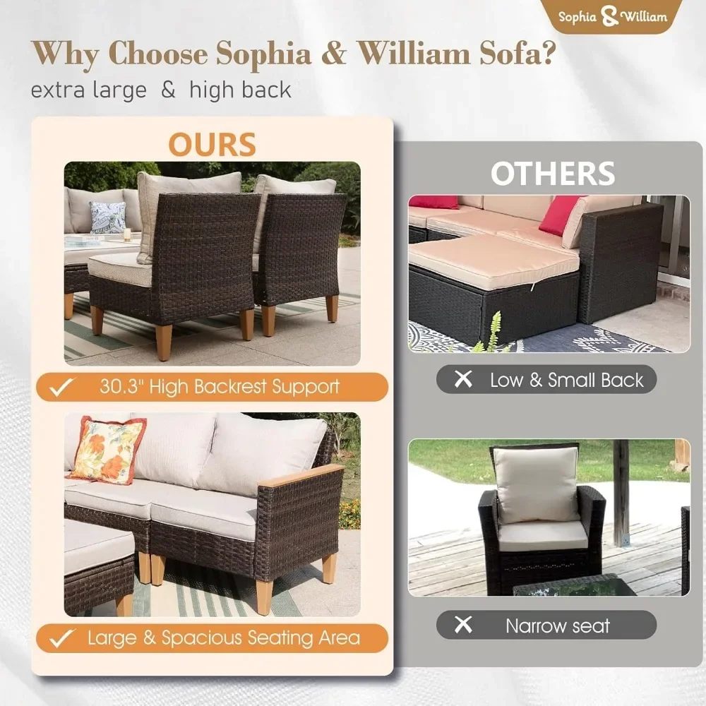 Conjunto de móveis para exterior, conjunto de sofá de vime com encosto alto, sofá com clipe e móveis de varanda com almofada grossa de 4 polegadas