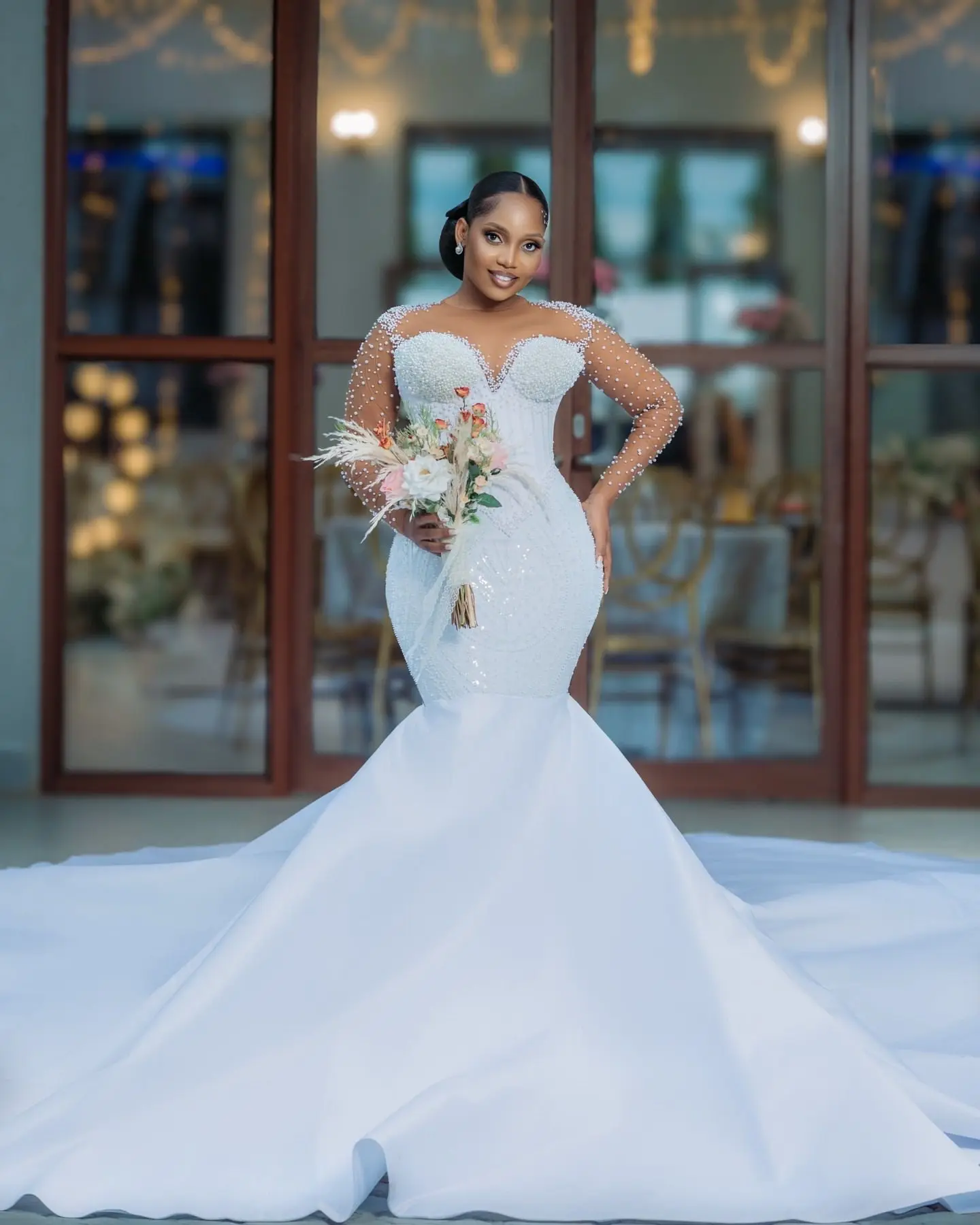 

Белое свадебное платье русалки больших размеров по индивидуальному заказу, атласное свадебное платье с блестками и длинными рукавами, платье для невесты