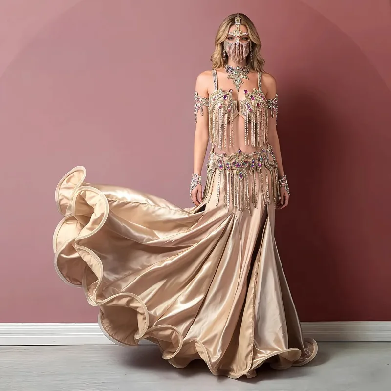 

customized belly dance suit performance costume champagne gold tassel fish tail skirt necklace arm ring bracelet accessory set