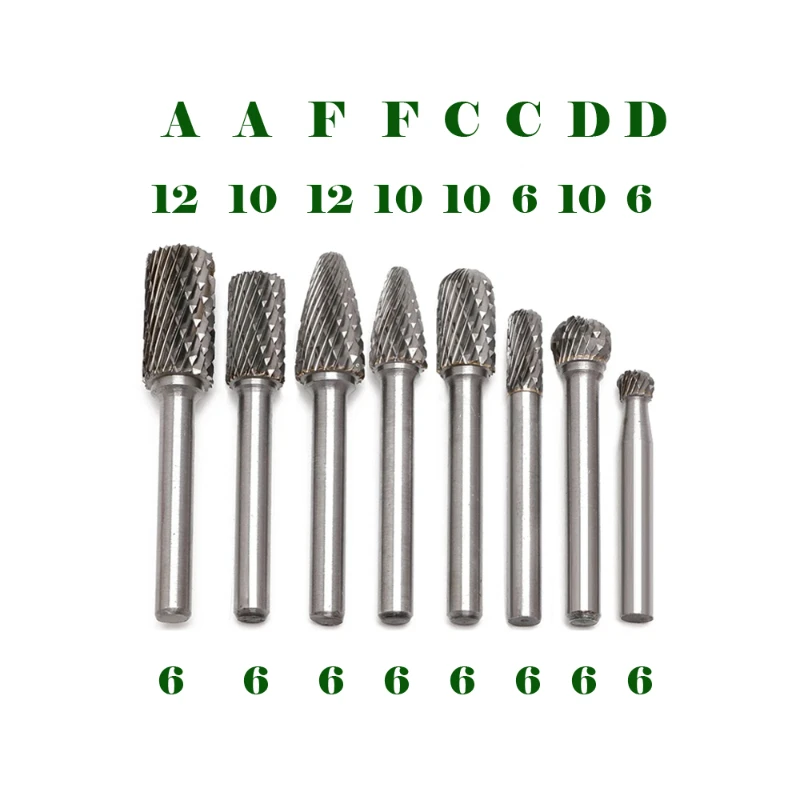 텅스텐 카바이드 로터리 버 비트, 더블 컷 CNC 조각, 금속 강철 알루미늄용 1/4 인치 (6mm) 생크, 6*6mm, 8mm, 10mm, 12mm, 세트당 8 개