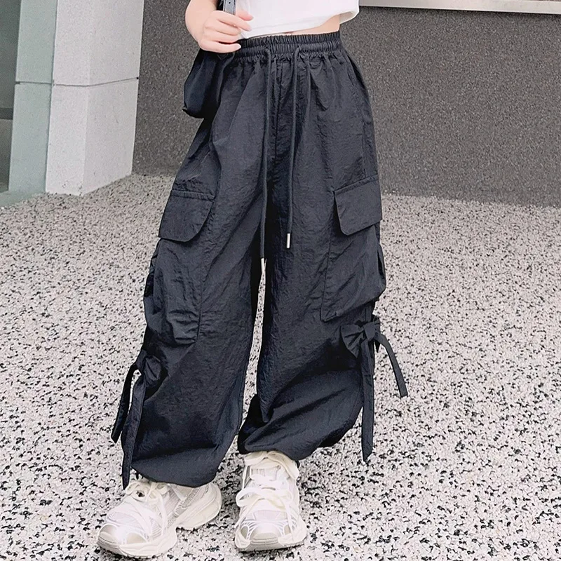 

Bellbell Children Girls Sports Pants Solid Casual Large Pockets Junior Girls Suspenders Spring 3-14Yrs Kids Girls Bow Long Pants