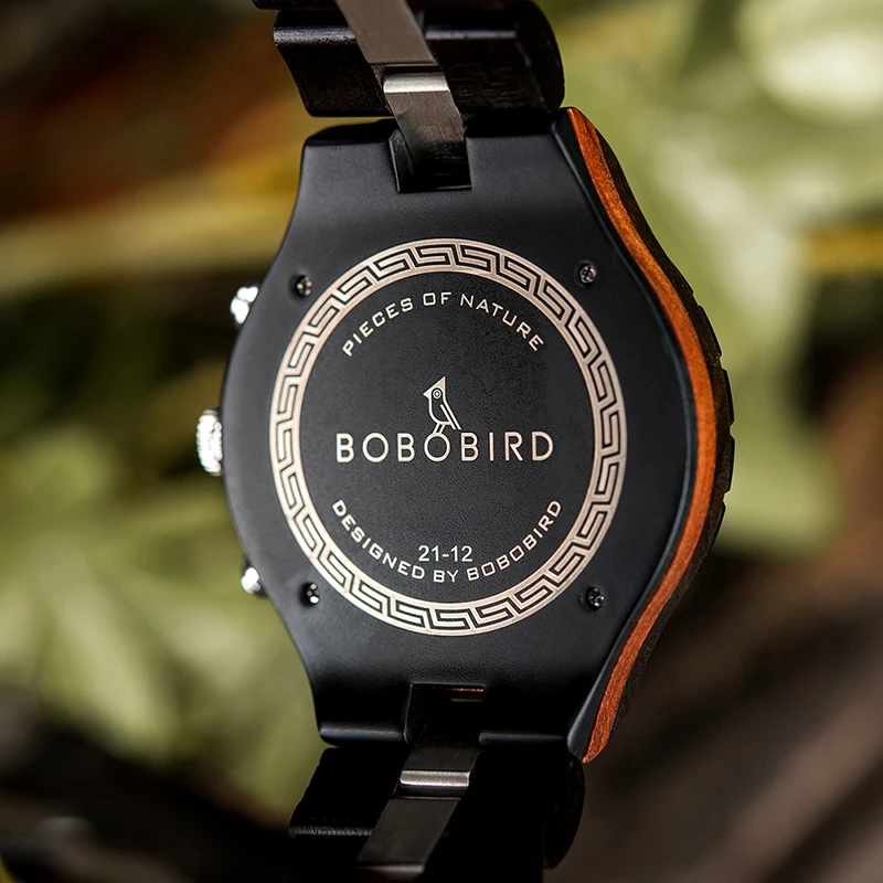 BOBO BIRD Natural Wood Watch for Men Classic Business Chronograph Watches with Auto Date Military Wristwatch Customized Gift