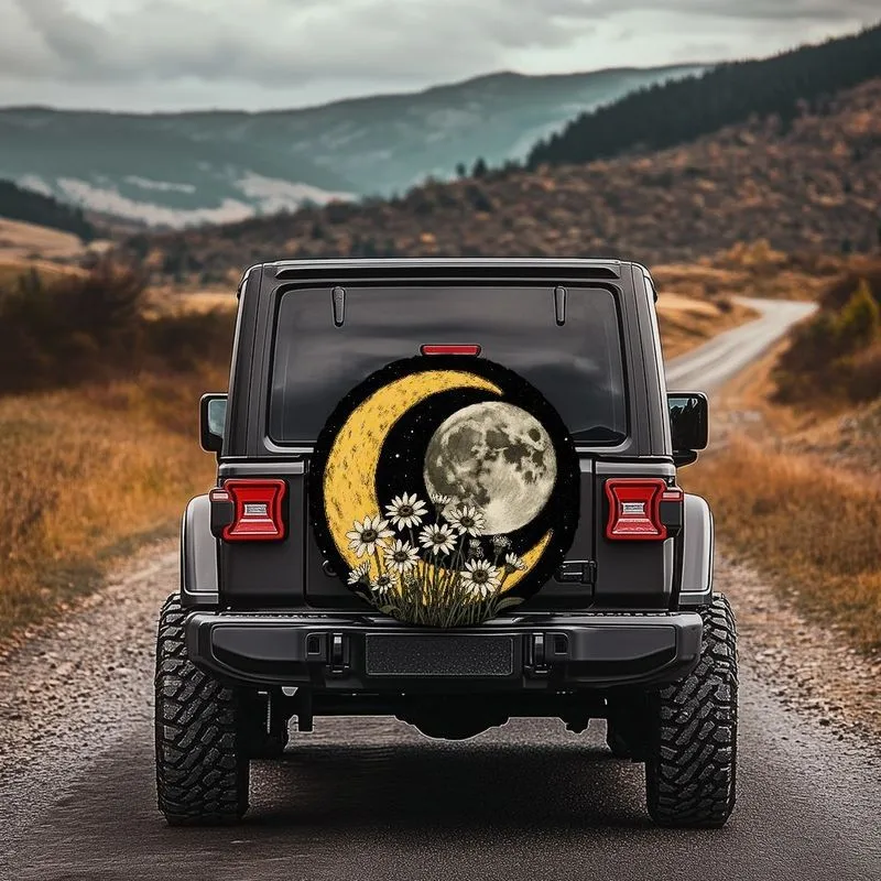 Moon And Daisy Spare Tire Cover Vintage Style Polyester Fiber Protector For RVs SUVs Trucks