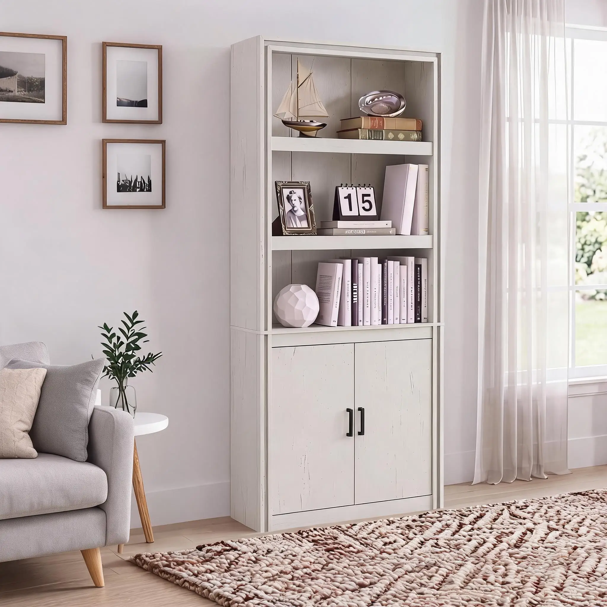 71 Zoll hohes Bücherregal mit Türen, 5-stöckiges Bücherregal für Bibliotheksorganisation, Bücherregal im Landhausstil, Kippschutz für Wohnzimmer und Heimbüro, modulares Bücherregal mit Türen