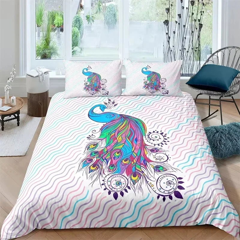 Kids Peacock Duvet Cover Set Twin Queen Birds Feather Pattern Quilt Cover Branch Flowers Bedding Set Microfiber Bedspreads Cover