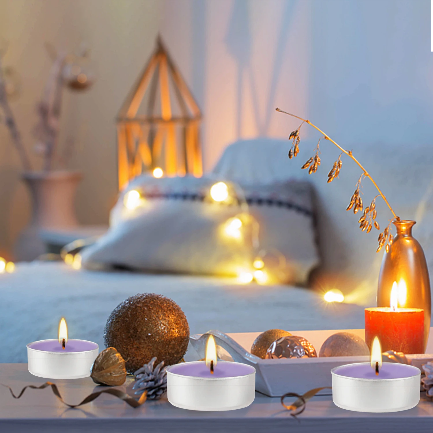 100 Lavender Scented Aluminum Shell Tea Wax, Purple Tea Wax Burns with Lavender Fragrance, Suitable for Family Parties