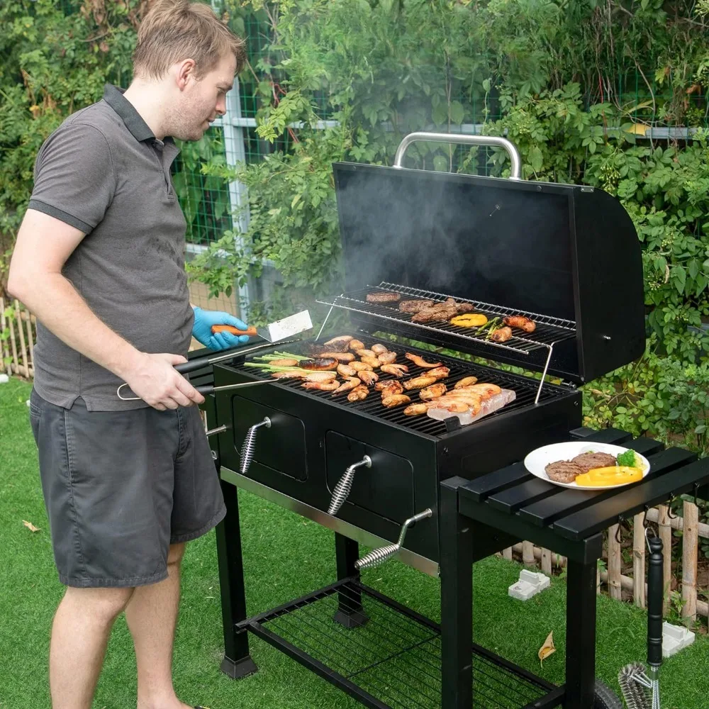 

BBQ Grills, Outdoor Cooking Grill with 2 Individual Lifting Charcoal Trays and 2 Foldable Side Tables,Outdoors Large BBQ Grills