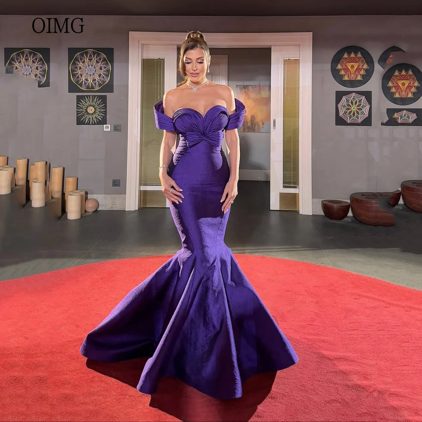 

OIMG Regal Purple Off The Shoulder Mermaid Prom Gowns Sweetheart Neck Textured Party Gown Long Evening Dress Customized