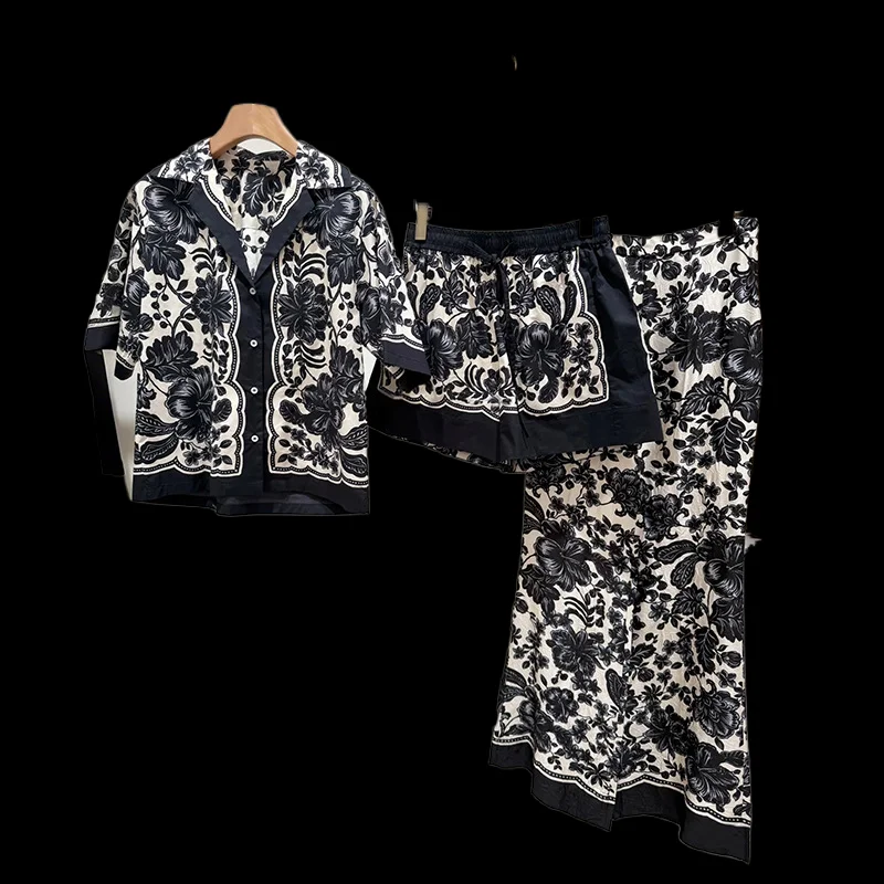 

Women's Three-suit Temperament Plant Black and White Printed Contrasting Loose Top Long Shorts 2025 Summer New Style Y2k