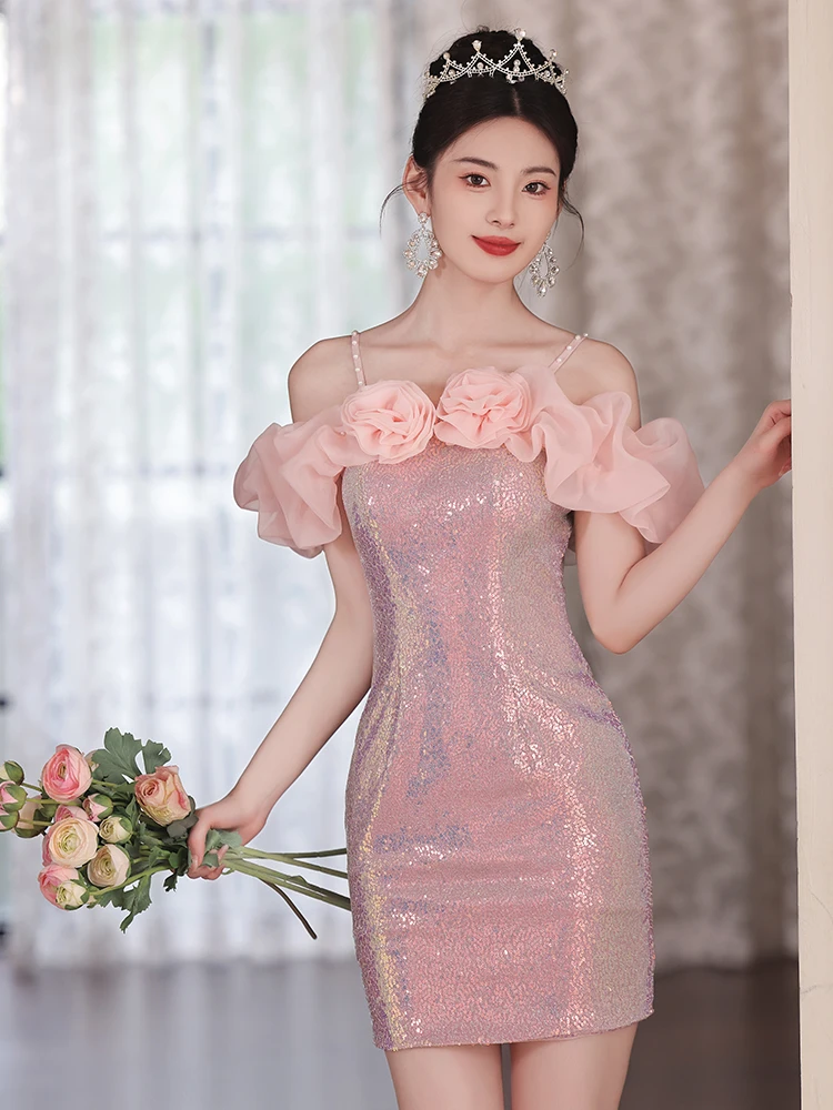 

Розовое облегающее платье без бретелек, сексуальное и шикарное, для дня рождения, вечеринки, корейский стиль, украшенное пайетками, со средней талией, из полиэстера