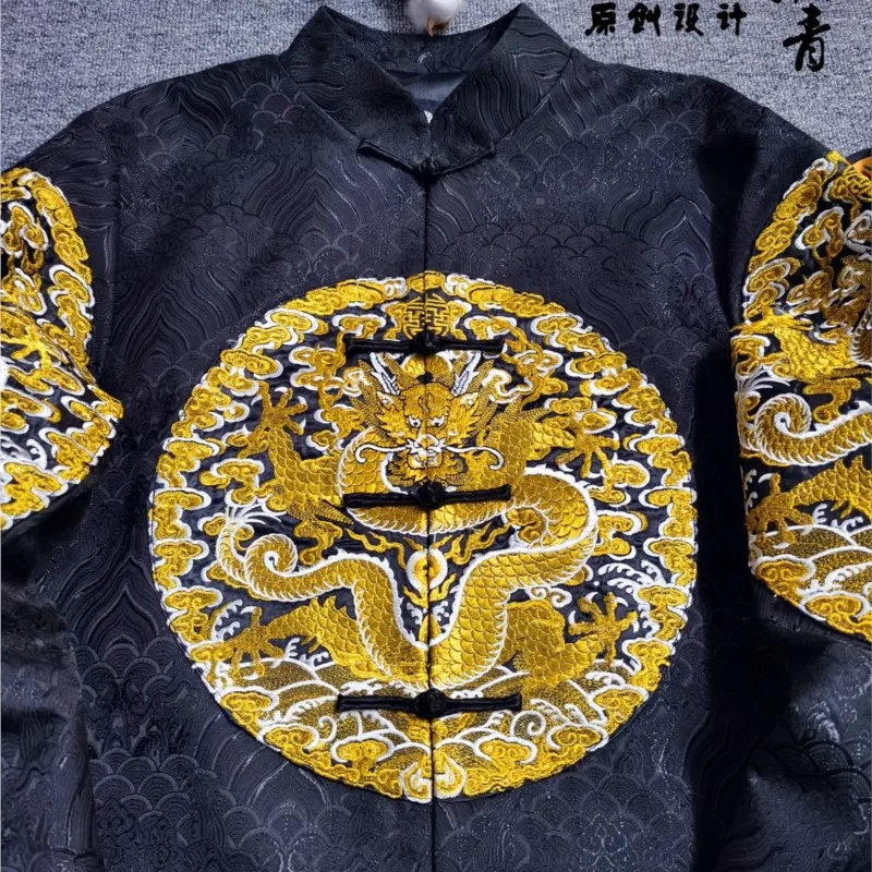 Design Retro Improve Tang Suit Buzi Dragon Robe Embroidered Chinese Knot Button Top for Men