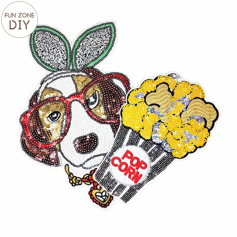 FZdiy Cartoon Dog Popcorn Iron on Sequined Patches for Clothing Big Size DIY T-shirt Applique Embroidery Cloth Patch Stickers