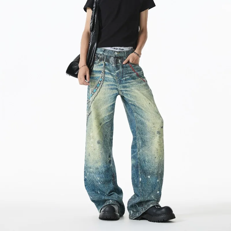 Niche Design Men's Denim Pants Chain Printing Contrast Color Splash-ink Casual Wide Leg Vintage Loose Male Jeans