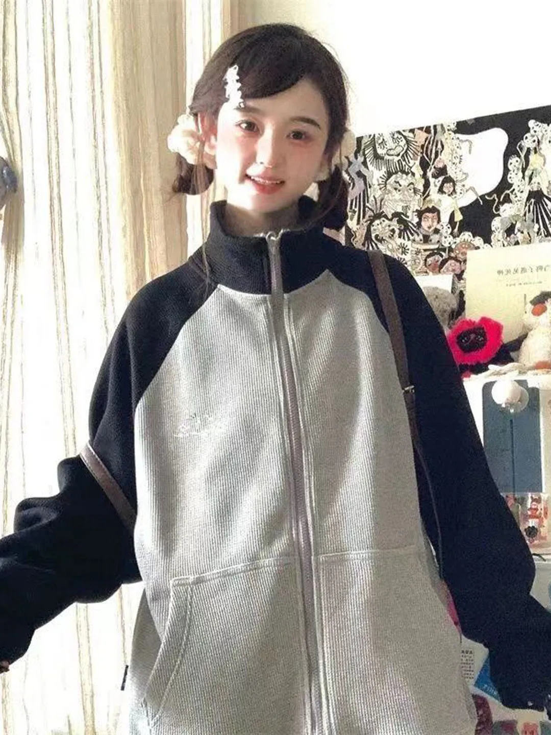 Retro American Zipper Loose Fit Thin Stand Collar Shoulder Insertion Sweatshirt Women's Spring Autumn Trendy College Style Ou...